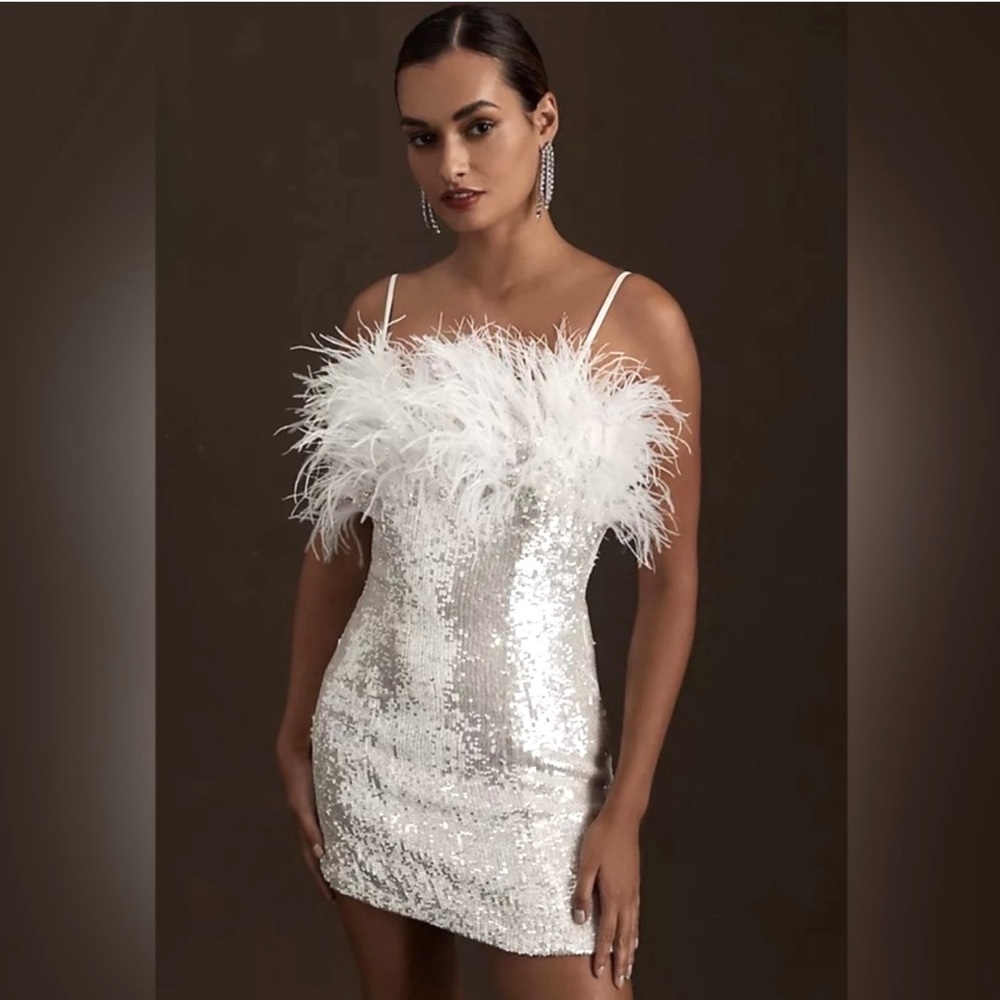 BHLDN Audrey Adele NEW Adelaide Feather & Sequin Mini Dress Size 14 White